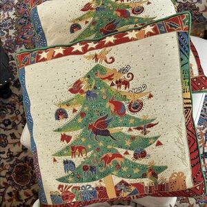 2 Festive Green Embroidered Holiday Tree Throw Pillows